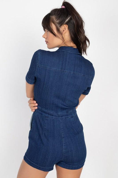 zip front denim collard romper - RK Collections Boutique