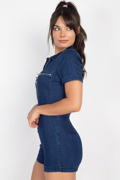 zip front denim collard romper - RK Collections Boutique