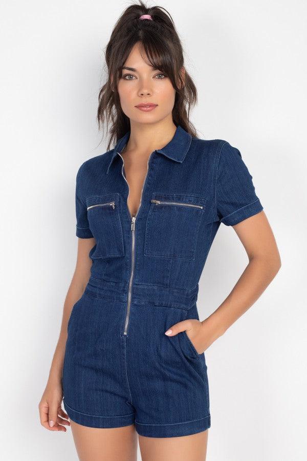 zip front denim collard romper - RK Collections Boutique