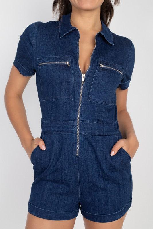 zip front denim collard romper - RK Collections Boutique