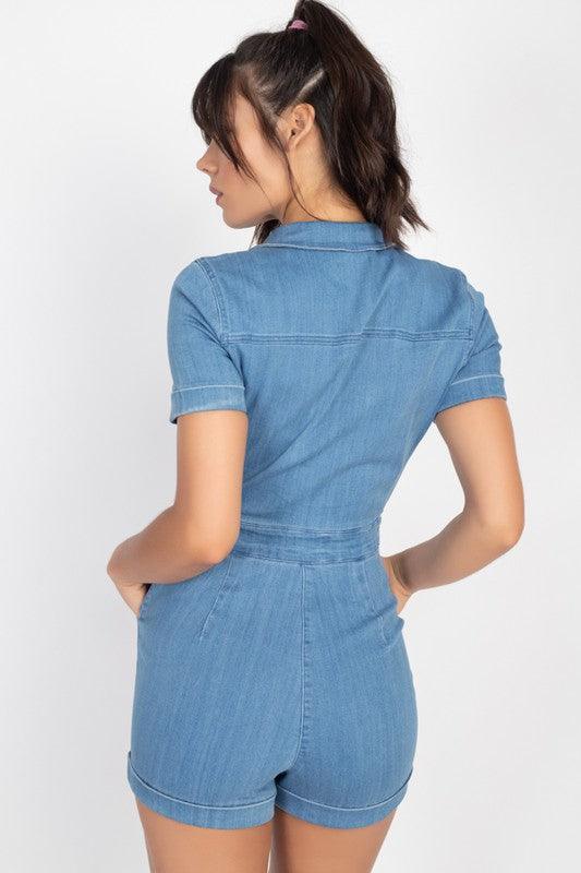 zip front denim collard romper - RK Collections Boutique