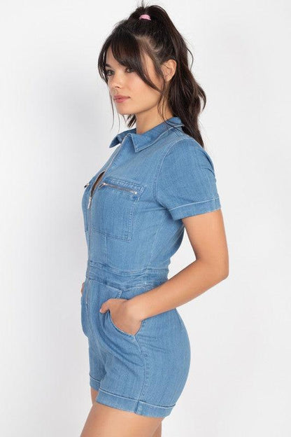 zip front denim collard romper - RK Collections Boutique