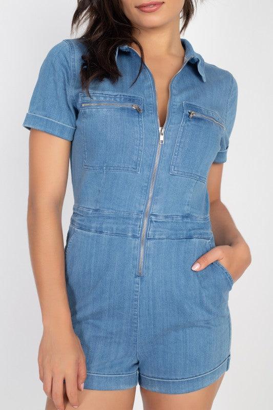 zip front denim collard romper - RK Collections Boutique