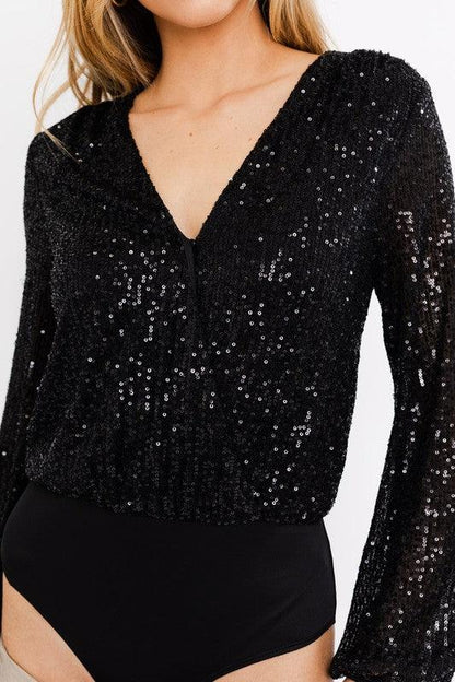 long sleeve sequin wrap bodysuit - RK Collections Boutique