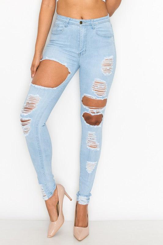 LO-171 high waist stretch rips & holes skinny jeans - RK Collections Boutique