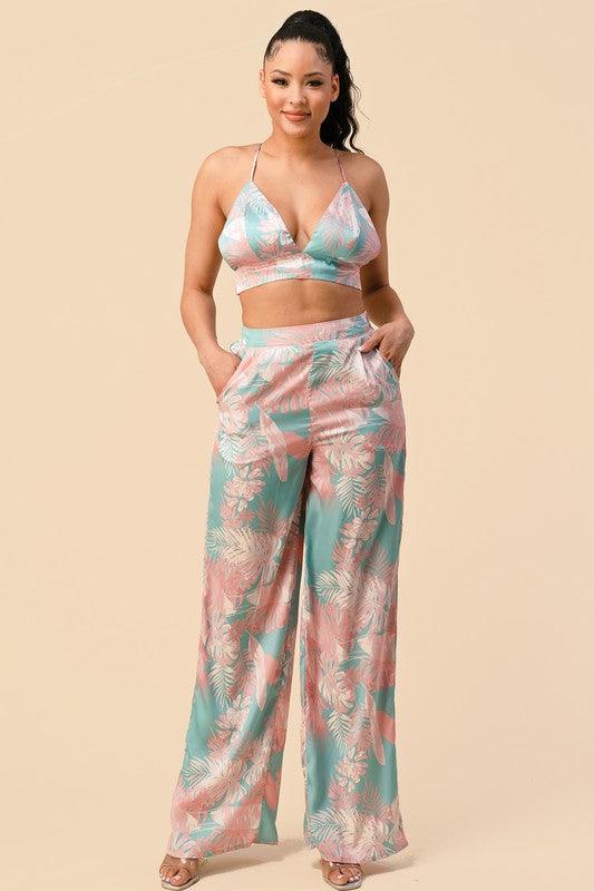 2pc set- tropical satin bralette & high waist pants - RK Collections Boutique