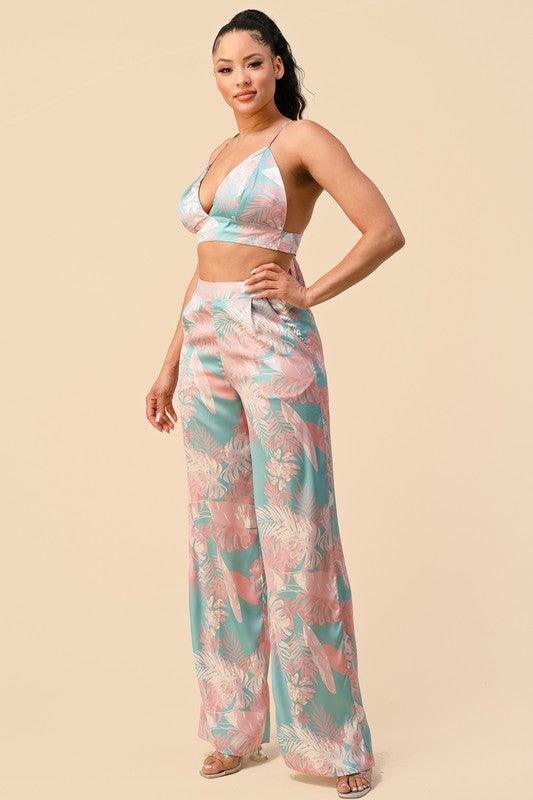 2pc set- tropical satin bralette & high waist pants - RK Collections Boutique