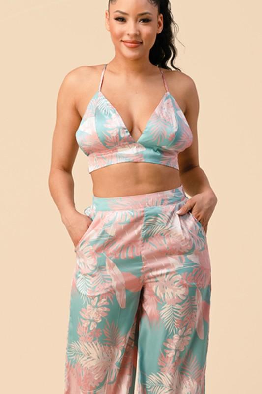 2pc set- tropical satin bralette & high waist pants - RK Collections Boutique