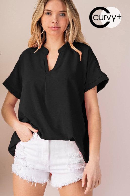 PLUS v-neck short sleeve woven top - RK Collections Boutique