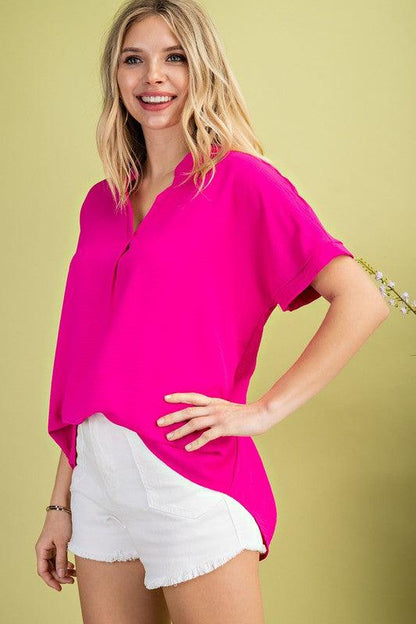 PLUS v-neck short sleeve woven top - RK Collections Boutique