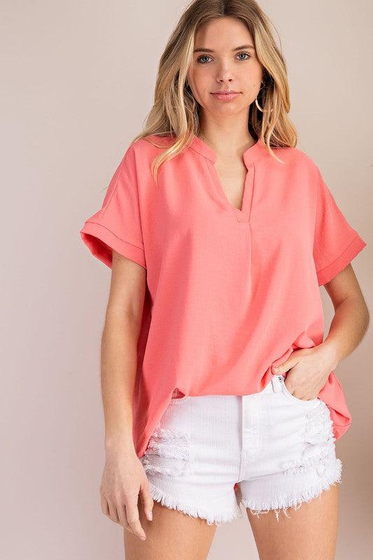 PLUS v-neck short sleeve woven top - RK Collections Boutique