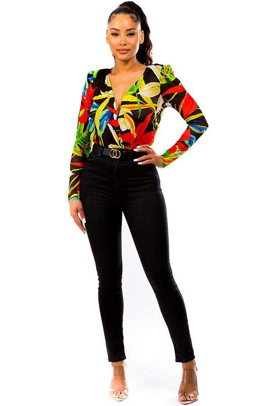 tropical leaf print surplice bodysuit - RK Collections Boutique