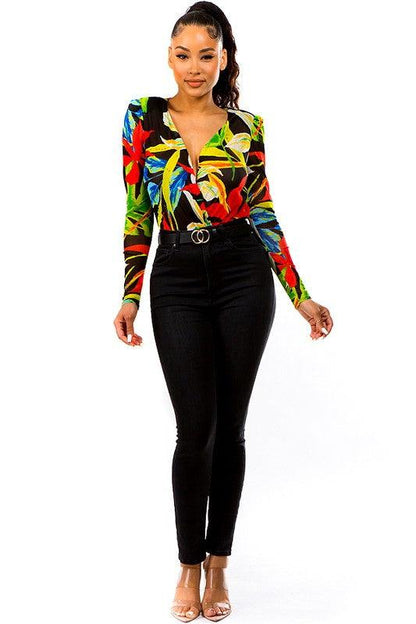 tropical leaf print surplice bodysuit - RK Collections Boutique