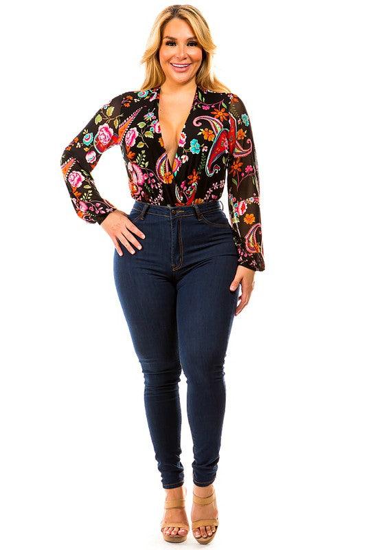 PLUS paisley print surplice bodysuit - RK Collections Boutique