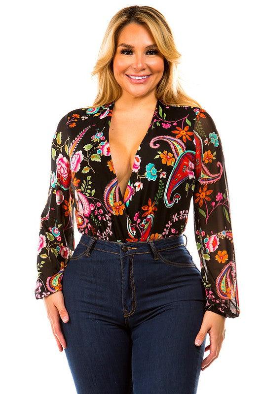 PLUS paisley print surplice bodysuit - RK Collections Boutique