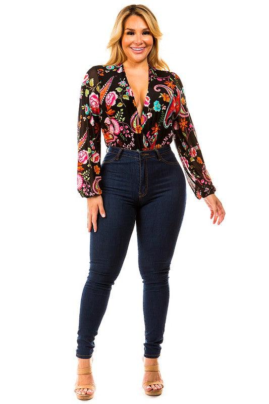 PLUS paisley print surplice bodysuit - RK Collections Boutique