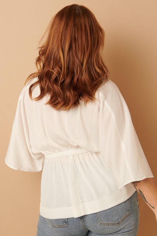 PLUS satin surplice kimono sleeve peplum top - RK Collections Boutique