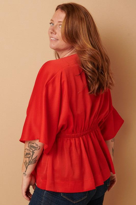 PLUS satin surplice kimono sleeve peplum top - RK Collections Boutique