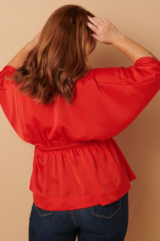 PLUS satin surplice kimono sleeve peplum top - RK Collections Boutique