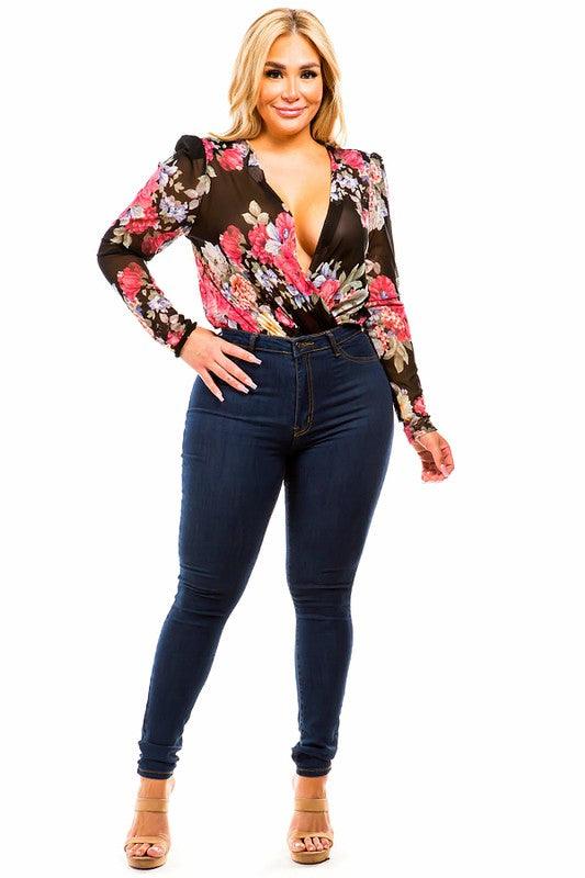 PLUS mesh floral & surplice bodysuit - RK Collections Boutique