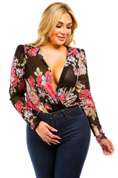 PLUS mesh floral & surplice bodysuit - RK Collections Boutique