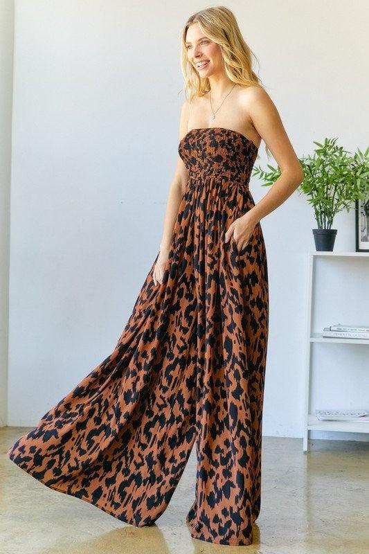 Animal Print Smocked Tube Wide Leg Jumpsuit - RK Collections Boutique