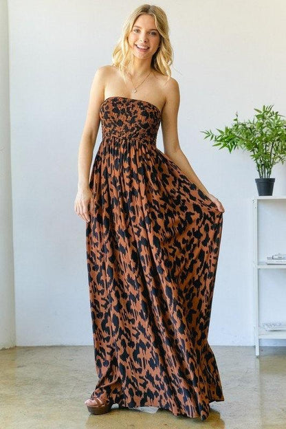 Animal Print Smocked Tube Wide Leg Jumpsuit - RK Collections Boutique