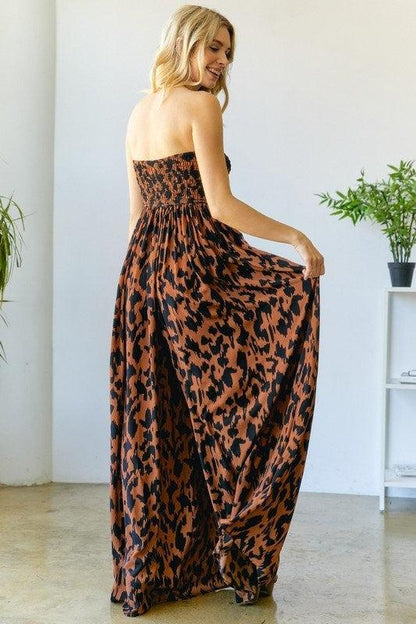 Animal Print Smocked Tube Wide Leg Jumpsuit - RK Collections Boutique