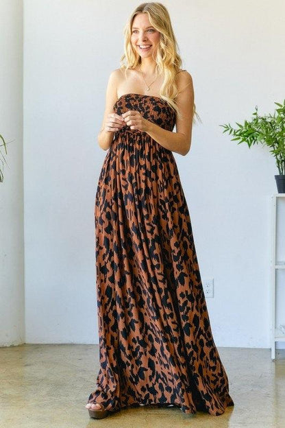 Animal Print Smocked Tube Wide Leg Jumpsuit - RK Collections Boutique