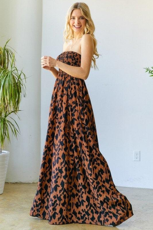 Animal Print Smocked Tube Wide Leg Jumpsuit - RK Collections Boutique