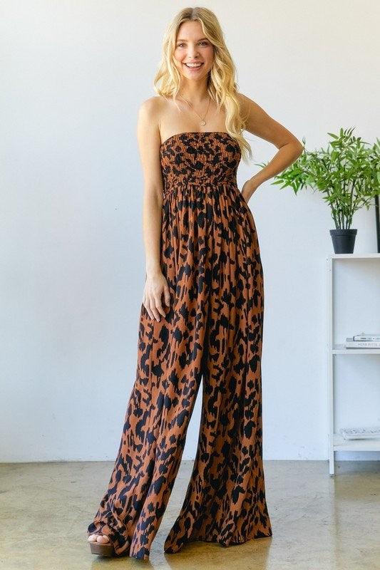 Animal Print Smocked Tube Wide Leg Jumpsuit - RK Collections Boutique