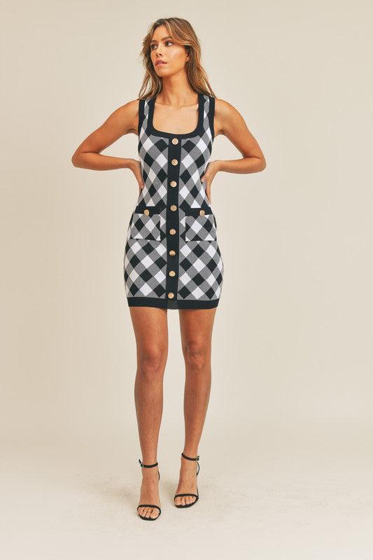 stretch knit button front plaid tank dress - RK Collections Boutique