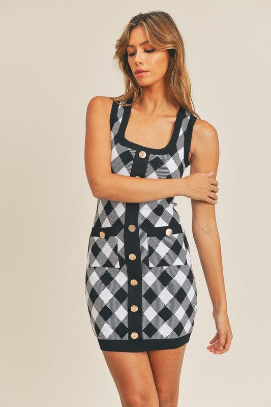 stretch knit button front plaid tank dress - RK Collections Boutique