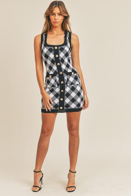 stretch knit button front plaid tank dress - RK Collections Boutique