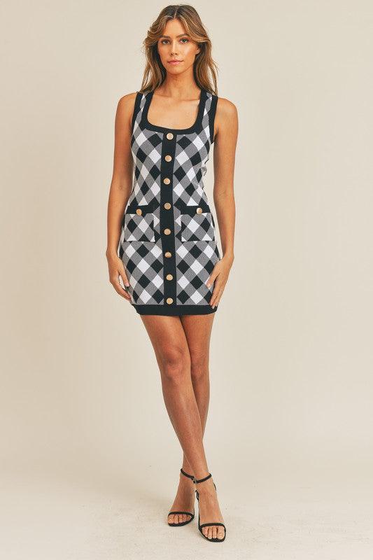 stretch knit button front plaid tank dress - RK Collections Boutique