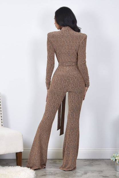 deep v-neck long sleeve flare leg jumpsuit