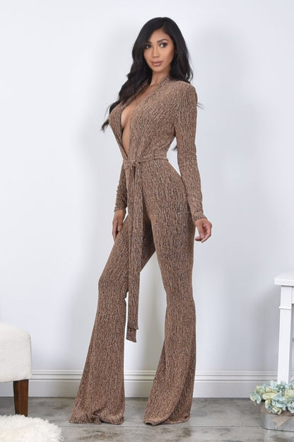 deep v-neck long sleeve flare leg jumpsuit