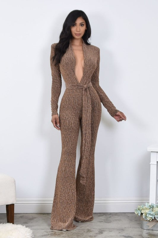 deep v-neck long sleeve flare leg jumpsuit