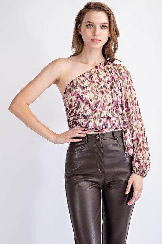 Lurex Printed One Shoulder Tie Waist Top - RK Collections Boutique