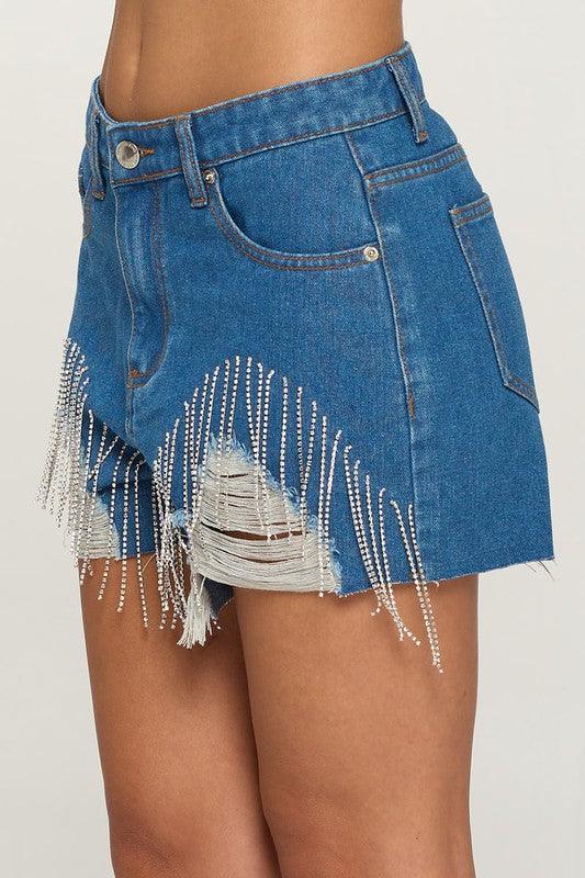 rhinestone fringe raw cut denim shorts - RK Collections Boutique