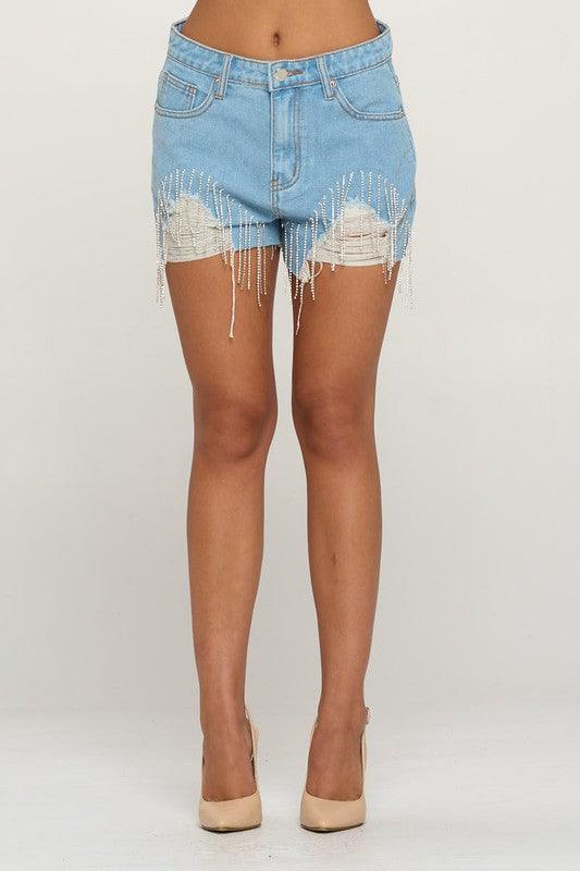 rhinestone fringe raw cut denim shorts - RK Collections Boutique