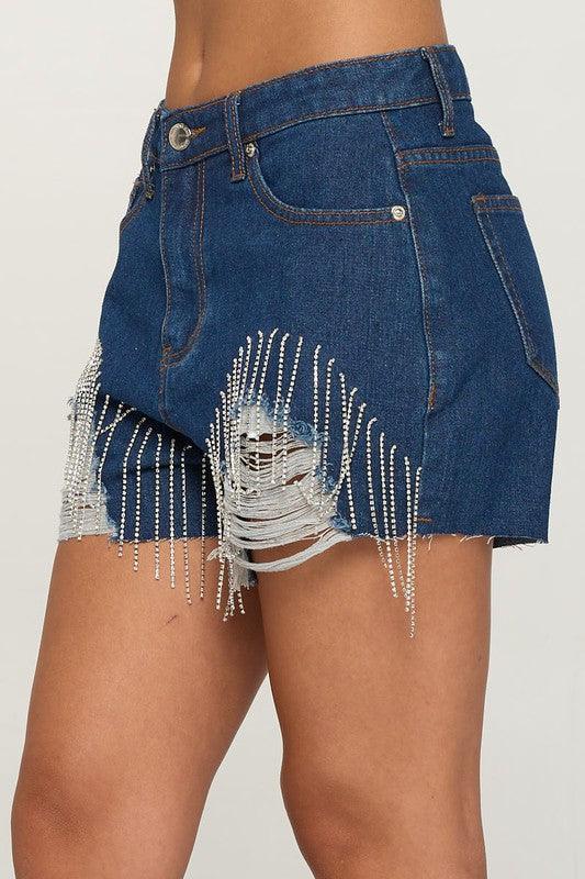 rhinestone fringe raw cut denim shorts - RK Collections Boutique