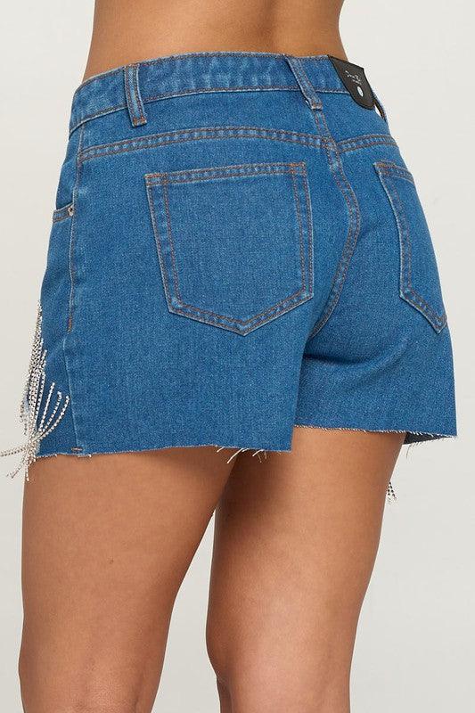 rhinestone fringe raw cut denim shorts - RK Collections Boutique