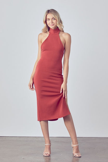 halter neck midi dress with slit