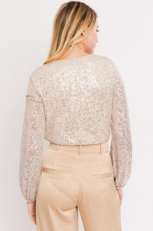 long sleeve sequin wrap bodysuit - RK Collections Boutique