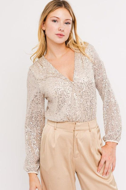 long sleeve sequin wrap bodysuit - RK Collections Boutique