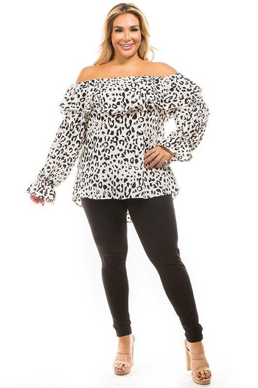 leopard print off shoulder long sleeve top - RK Collections Boutique