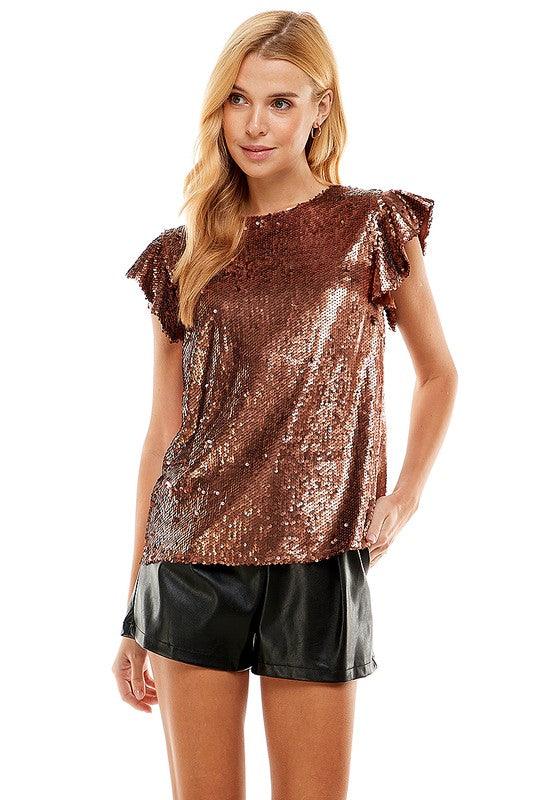 ruffle sleeve Sequin Round Neck Top - RK Collections Boutique