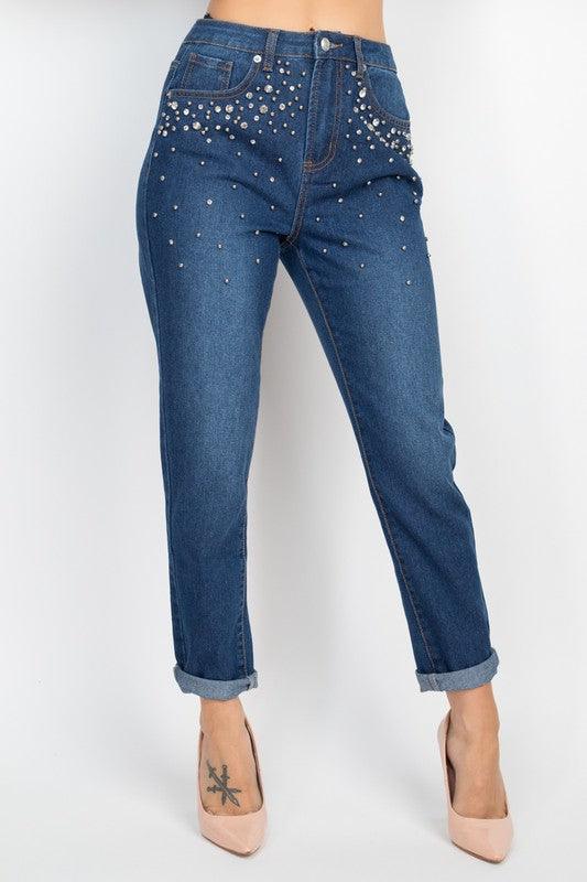 Rhinestones Denim Mom Jeans - RK Collections Boutique