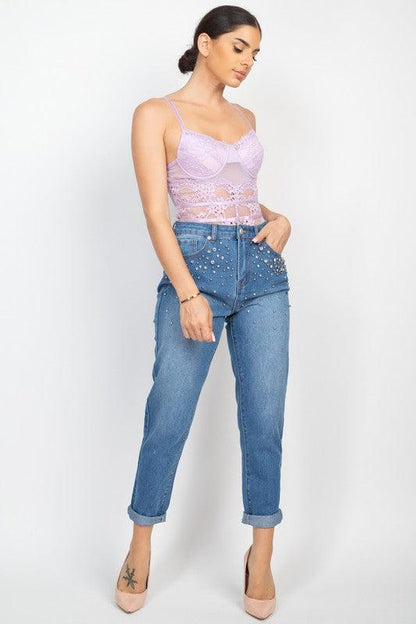 Rhinestones Denim Mom Jeans - RK Collections Boutique